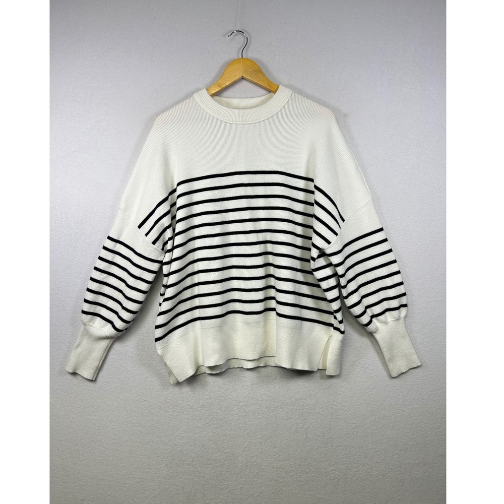 LILLUSORY Striped Crew Neck Long Sleeve Sweater Cream Black Size M